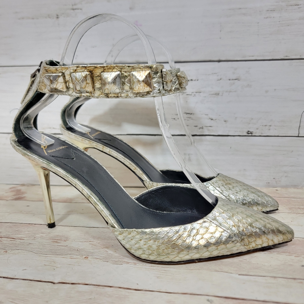 Brian Atwood Mercada Silver Snake Designer Pointed Pumps 7.5